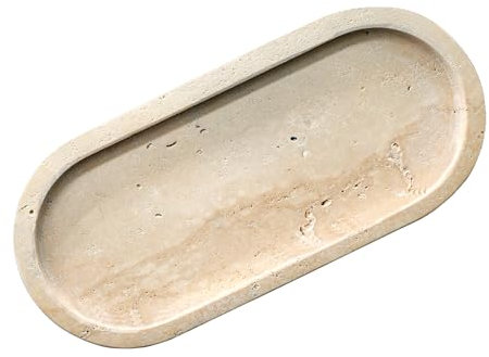 HAMAKAWA Kosmetiktablett aus Naturmarmor, Badezimmer-Arbeitstablett L25 cm x B11 cm, Beigefarbene Schmuckablage, Ovale Parfümablage, Aufbewahrungssystem für Hause