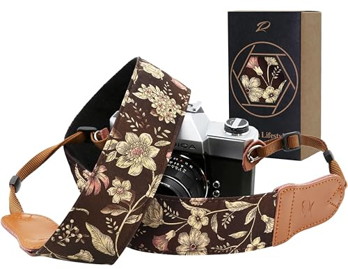 Padwa Lifestyle Japanese Brown Printed Floral Camera Strap - 2 Wide Double Layer Cowhide Head Camera Straps for Photographers, Universal Neck & Shoulder Cotton Padded Vintage Strap for Cameras