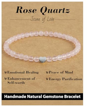 Landorilo Bracelet Femme, Pierre Naturelle de 4mm Avec Perles D'amour en Argent 925, Bracelets de Perle de Yoga, Noël, Anniversaire, Cadeaux pour Femmes（Quartz Rose）