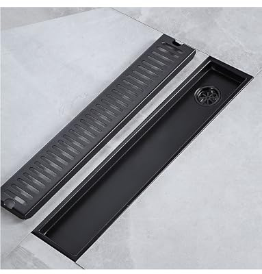 Desagüe de ducha lineal, desagüe de ducha negro con inserto plano/para azulejos 2 en 1, desagüe rectangular de acero inoxidable 304 con recogedor de pelos for inodoro de baño.(Black side,27.6x3.9in)