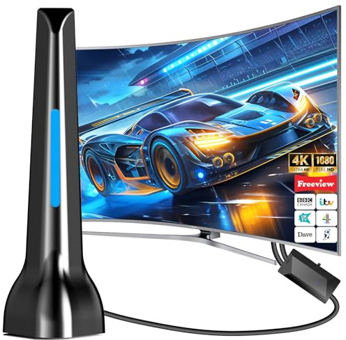 TV Aerial, Freeview Indoor TV Aerial with 500+ Miles Range, 360° Reception TV Antenna Indoor with Signal Booster, indoor aerial for tv Magnetic Base, Support 4K 1080P VHF/UHF/DAB Radio and All TV