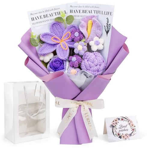 Kogyxe Crochet Flowers Bouquet, Handmade Knitting Crochet Flowers, Tulips Flower and Calla Lily Bouquet for Valentine's Day, Teacher’s Day, Graduation, Birthday (Purple)