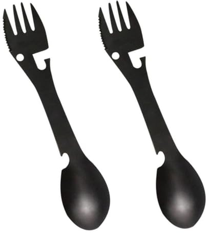 DECOMELODY 2 pièces Set Multifonction Acier Inoxydable pour Camping Fourchette Cuillère Ouvre Bouteille Randonnée et Pique