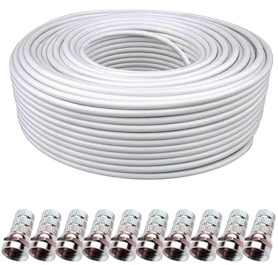 CABLEPELADO Cable Coaxial SAT + 10 Conectores F | Cable Antena TV 75 Ohm Doble Apantallamiento | Compatible con DVB-S/S2, DVB-T/T2, DVB-C/C2, 4K UHD y Full HD | Blanco (25 Metros)