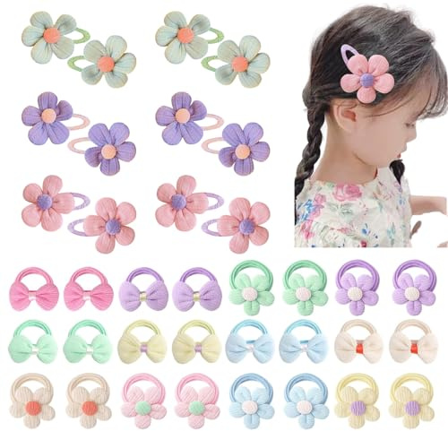 deegbbyi 6 Fermagli per Capelli con Fiori, 24 Cerchietti con Fiocchi Floreali, Leggero Coda Di Cavallo Titolari Capelli Corda, Elastici per Hair Senza Cuciture, per Bambini Bambine, Ragazze