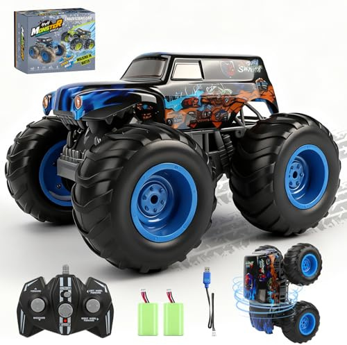 IEEILULU Monster Truck Télécommandé, Voiture Télécommandée avec Lumières LED 2,4 GHz Véhicule Amphibie Télécommandé 4WD Rotation à 360° Marche Verticale Tout Rerrain pour Enfants de 3+ Ans (Bleu)