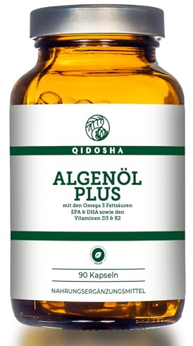 QIDOSHA® Omega 3 Algenöl Kapseln plus Vitamin D3 und K2 mit dem Markenrohstoff Life's Omega von DSM aus den Niederlanden, 90 vegane Kapseln im Apothekerglas