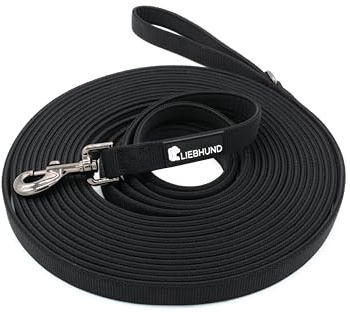 LIEBHUND Comfort Schleppleine 10m – Hundeleine durchgehend gepolstert mit Neopren, 2cm breit, robust & rutschfest – Schwarz mit Gun-Metal-Gray Karabiner & Ring, Trainingsleine mit gepolstertem Griff