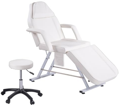 LSLIFE Beauty Bed Massageliege mit Hocker & Laken 3 Abschnitt verstellbare Massagetisch Tattoo Stuhl mit abnehmbaren Armlehnen Kopfstütze Salon Wimpern Bett für Spa Salon (Weiß)