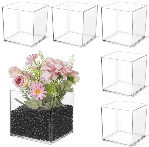 Ckhoid 6Pcs Clear Nursery Pots, Clear Square Vase, Plastic Cubes Flower Pot, Acrylic Decorative Vase, Potted Square Container for House Plants, Cactus, Flowers, Orchid, Floral Decor (4.72 inch)