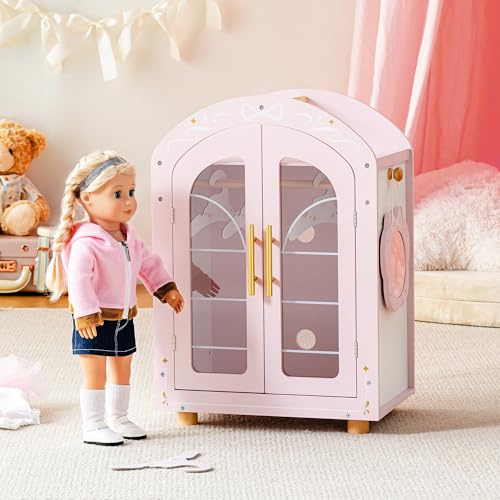 ROBOTIME Wooden Doll Wardrobe for 16-18 inch Dolls, Clothes Closet with Mirror & Hangers, Wooden Doll Furniture with Clear Cabinet Double Doors, Ballet Fairy Series - Pink