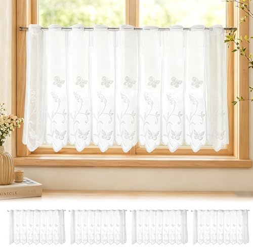 4 Stück Scheibengardine, Sheer Scheibengardinen, 130x45cm Kurz Fenstergardinen, Voile Scheibengardinen, Kurzstores Blume, Halbtransparent Besticke Scheibengardinen, für Küchenfenster/Schrank/Wohnwagen