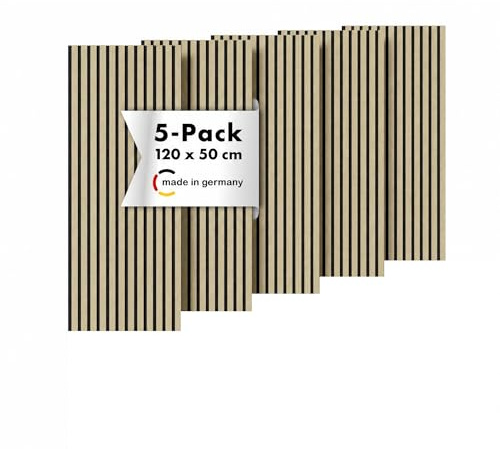 Momento 5 Stück Akustikpaneele Holz 120x50 cm - Made in Germany - Eiche Geölt - Wandverkleidung Innen Wandpaneele Holzoptik - 3D Lamellenwand Paneele - Akustik Holzpaneele Wand Holzverkleidung Panel