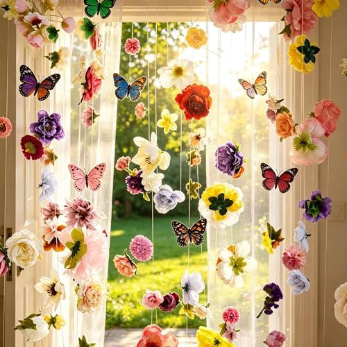 6.6 ft Artificial Hanging Butterfly Flower Garland, Fake Floral String Decor,silk fabric Suspended Ornament for Wedding Party Bedroom Wall Decoration