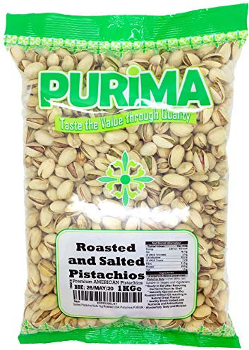 Salted Pistachio Nuts 1kg - Roasted and Salted Pistachios - Dry Oven Roast Salty Unshelled Kernels - Pub Snacks Large JUMBO Bulk Bag- Snacking Nut No Oil or Preservatives - PURIMA