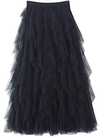 DianShaoA Jupe Longue Tulle Femme A-Ligne Superposée Princesse Feuille De Lotus Couture Superposée Jupe en Tulle Jupe Tulle Noir