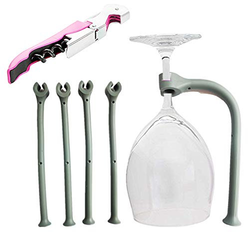 JinYu 5 Set Korkenzieher und Silikon Stemware Saver Flexibler Stemware Halter Geschirrspüler Weinglasschutz Tether Silikon Geschirrspüler Aufsatz (Dunkelgrau)