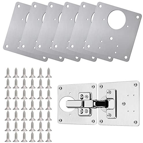 JUNMEIDO 6PCS Hinge Repair Plate Cabinet Hinge Repair Plate Stainless Steel Hinges Repairs Plates Brackets Cupboard Door Hinges Mounting Plates with 36 PCS Screws for Cabinet Door Drawer Window