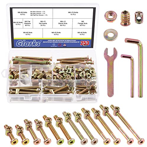 Glarks 253 M6 kit de remplacement de matériel de vis pour lit bébé m6x30 / 40/50 / 60/70 / 80mm vis à tête cylindrique hexagonale intérieure avec rondelle d'écrou et outils pour table et chaises m