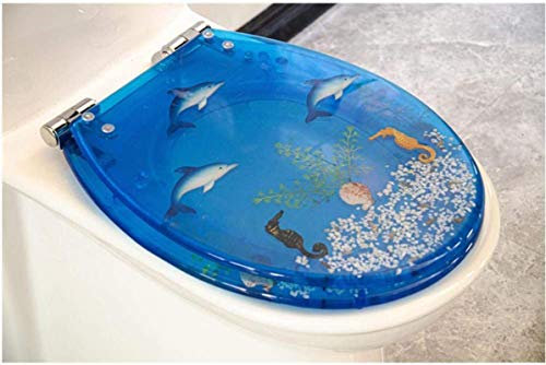 WC-Sitz mit Absenkautomatik für Badezimmer, Kunstharzmaterial, automatischer Toilettendeckel, obere Befestigung und Schnellverschluss/hellblaues Seepferdchen