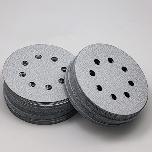 100 Stück 125 mm 8-Loch-Schleifscheiben, Weiß, Aluminiumoxid, Trockenschleifpapier, Klettverschluss, Körnung 60 ~ 1000, 150, mittel, 125 mm, 8 Loch