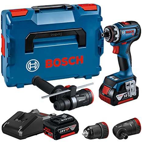 Bosch Professional 18V System Akku Schrauber GSR 18V-90 FC - FlexiClick System (inkl. 1x GFA 18-M, 1xGFA 18-W, 1x GFA 18-H, 2x Akku GBA 18V 5.0Ah, Schnellladegerät GAL 18V-40, L-BOXX)