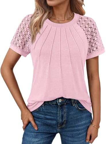 AUTOMET Women's Lace Short Sleeve Blouse - Soft Business Casual Top, Versatile Flattering Office Shirt for Summer Pink L