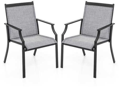 GIANTEX Lot de 2 Chaises de Jardin Extérieures, Chaises Terrasse avec Accoudoirs, Hauteur d’Assise 42 CM, Tissu Respirant, Cadre en Métal, Design Ergonomique, pour Jardin, Cour, Balcon (Gris)