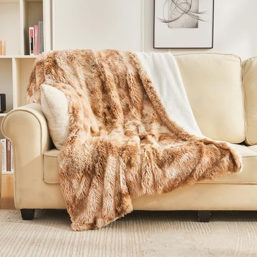 EMME Manta mullida, 220 x 240 cm, de Pelo sintético, Muy Suave, acogedora, cálida, Reversible, Manta de Forro Polar para sofá y Cama, marrón