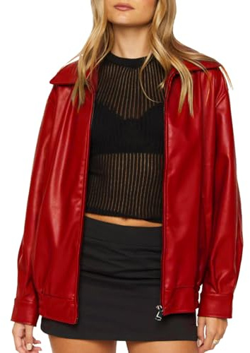 USTRADEENT Chaquetas de gran tamaño para mujer, 100 % piel de cordero, talla grande, traje de motociclista de los años 90, Rojo -, XL