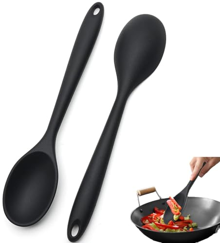 2 Stück Silikonlöffel, 27,5 x 5,5 CM Kochlöffel Silikon, Schwarz | Servierlöffel , Antihaft Löffel Kochutensilien für Camping Essen Kochen Rühren Backen
