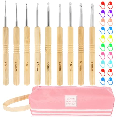 Häkelnadel Set 30 Stück, 9 Stück Ergonomische Bambus Grip Häkeln, Stricken Nadeln Kit für Anfänger, 2,0-6,0 mm Praktisch Häkelnadel für Arthritische Hände, Haushalt Werkzeug mit tragbaren Tasche