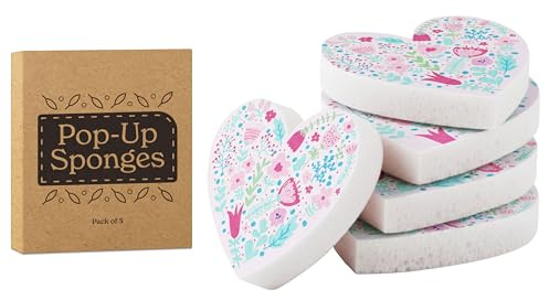 PETALY HOME 5 Pack Heart Shaped Sponges, Non-Scratch Cleaning Sponges with Floral Pattern, Kitchen Heavy Duty Scrub Sponge, Pop Up Eco Valentine's Day Sponges (Pink)