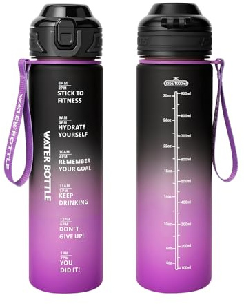 Binudum Trinkflasche 1l, Auslaufsichere Sport Trinkflasche mit Zeitmarkierung, BPA-frei, Tritan Wasserflasche-Leicht, Wiederverwendbar, Robuste, Sportflasche für Fitness, Fahrrad, Outdoor, Schule