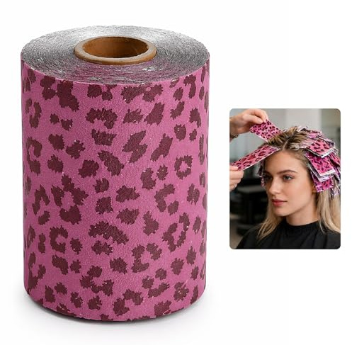Papier Aluminium Coiffure Professionnel Rouleau d'Aluminium pour Cheveux, Mèches, Balayage Papier Meches Coiffure Feuille Alu Gaufrée Léopard Motif avec Distributeur, 50mx12cm (Rose)