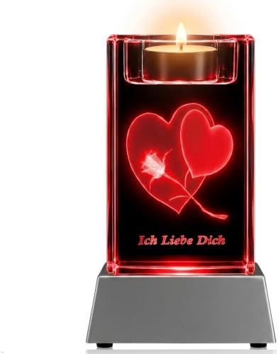 Stimmungslicht 3D Kristall Glasblock „Ich Liebe Dich“ – LED Teelichthalter mit Farbwechsel, Kristallglas Lasergravur – Romantisches Geschenk für Frauen & Männer, Valentinstag, Jahrestag, Hochzeitstag
