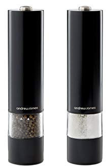 Andrew James Salt and Pepper Mills Electric Grinder Set | Illuminated Dispensing Adjustable Coarseness from Ceramic Blades | One Touch Operation | Battery Powered | 23cm x 5.5cm (Black)
