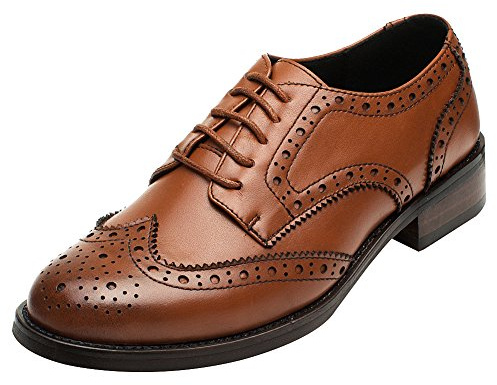 rismart Damen Brogue Spitze Büro Kleid Hochzeit Niedrige Ferse Leder Schnürhalbschuhe (Braun,38 EU)