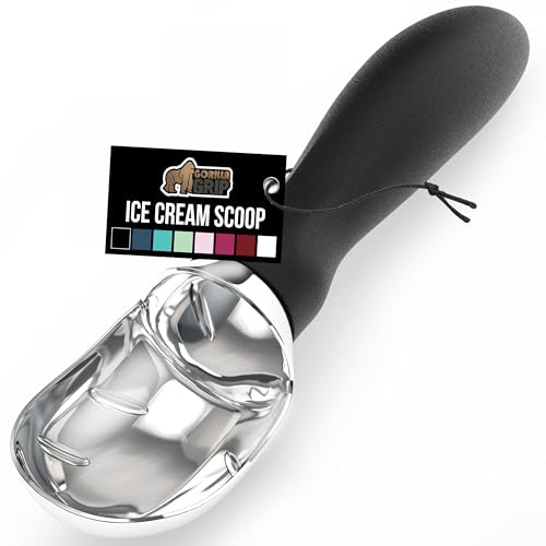GORILLA GRIP® Heavy Duty Ice Cream Scoop, BPA-Free, Dishwasher Safe, Comfortable Zinc Alloy Handle, Professional Scooper for Hard Gelato, Sorbet, Cookie Dough, Melon, Round Cones, Kitchen Tool, Black