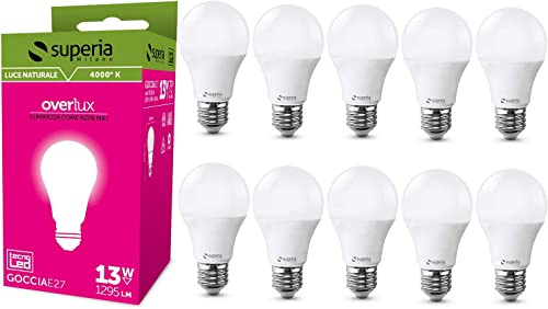Superia Lampadina LED E27 Goccia, 13W (Equivalenti 75W), Luce Naturale 4000K RA80 Luminosa 1295 lumen, copertura opale A60, Attacco edison, Risparmio Energetico, Nessuno Sfarfallio, OP13GN Pacco da 10