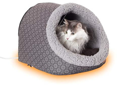 K&H Pet Products Thermo-Pet Cave Beheiztes Katzenbett, Grau/Geo-Blume, 43,2 x 38,1 x 33 cm