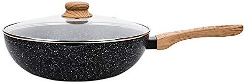 Antihaft-Bratpfanne Aluminiumlegierung mit gehärtetem Glasdeckel und Massivholzgriff-Gasherd für Induktionsherd Wok Pot