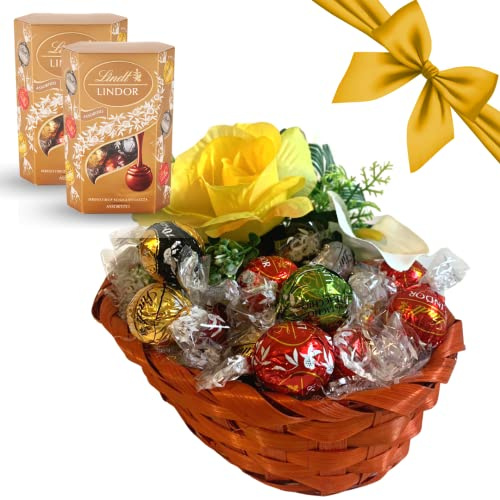 Idee Regalo Festa della Mamma 2025 - Cesto Vimini + Cioccolatini Assortiti 400g + Fiori Artificiali- Regalo Uomo e Donna (Cesto Vimini Rosso)