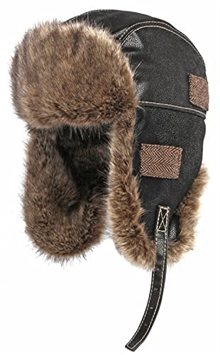 GIBZ Kunstfell Fliegermütze für Herren Damen mit Ohrenschutz Wintermütze Leder Russisch Hat, Schwarz, XL(58-60cm)