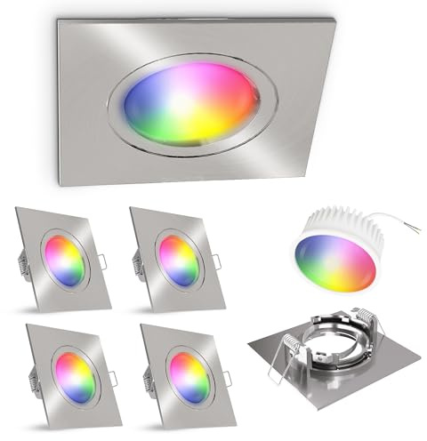 linovum Einbauspot 4er Set silber eckig Smart LED WLAN RGBW App flach 36mm | Vier smarte Einbauspots eckig Alu gebürstet - per App & Alexa steuerbar, RGB & Weißtöne, tauschbar, für Wohnräume