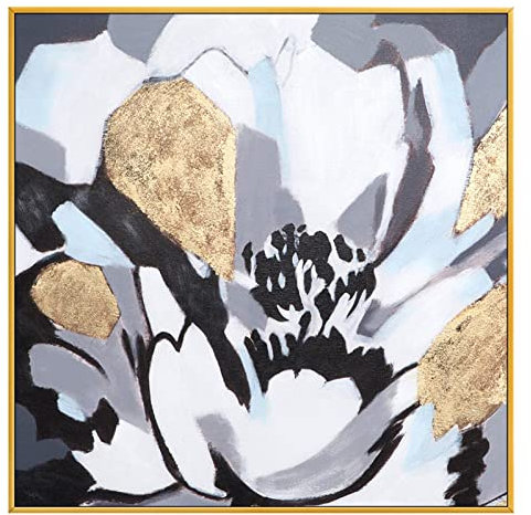 Ölbilder Auf Leinwand Handgemalt, Moderne Schwarz Weiße Textur Pfingstrose Blume Goldfolie Minimalistisch Abstrakte Kunstwerke Rahmenlose Original Handgemalte Ölgemälde Auf Leinwand Wandkunst F