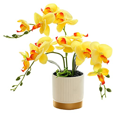 Fiori artificiali di Phalaenopsis, 25,5 cm di orchidea artificiale bonsai in vaso per tavolo soggiorno decorazione casa, giallo