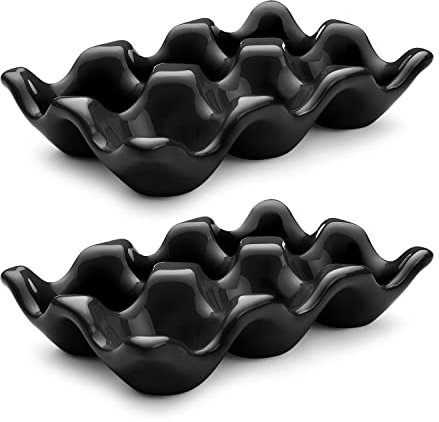Flexzion Caja de huevos de porcelana – Bandeja de cerámica para huevos con capacidad para 6 huevos, soporte de media docena de huevos para nevera, exhibición de encimera, plato decorativo negro y