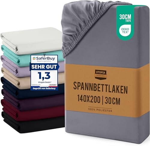 Utopia Bedding - Spannbettlaken 140x200cm Bis 30 cm - Grau | Oeko-Tex Zertifiziertes - Gebürstete Mikrofaser Spannbetttuch