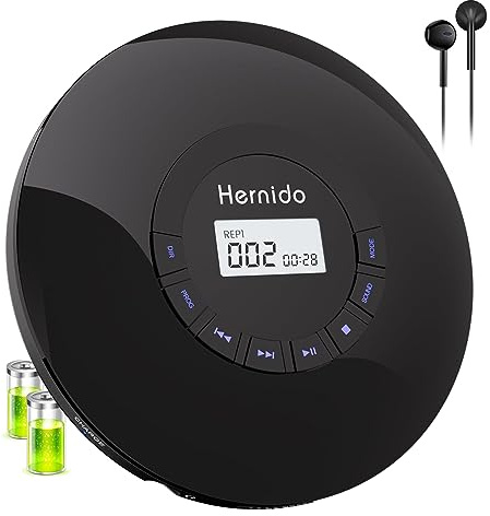 Portable CD Player with Headphone, Hernido Rechargeable CD Player for car, Compact CD Walkman with 5 EQ Sounds, AUX Output, Anti-Skip, CD Player for Home & Travel Discman Kpop Player